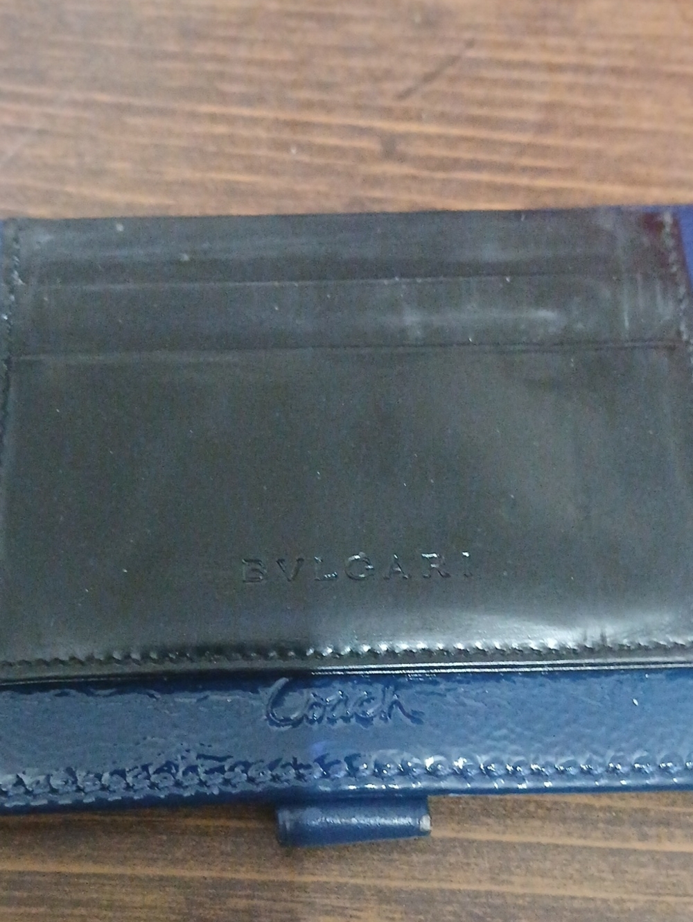 BVLGARI Black Leather Card Holder Vintage Used Smooth Leather